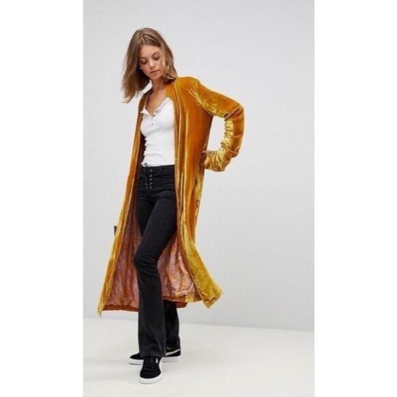 RARE Free People Golden Crushed Velvet Maxi Duster | Boho Cottagecore Whimsigoth - Picture 2 of 16